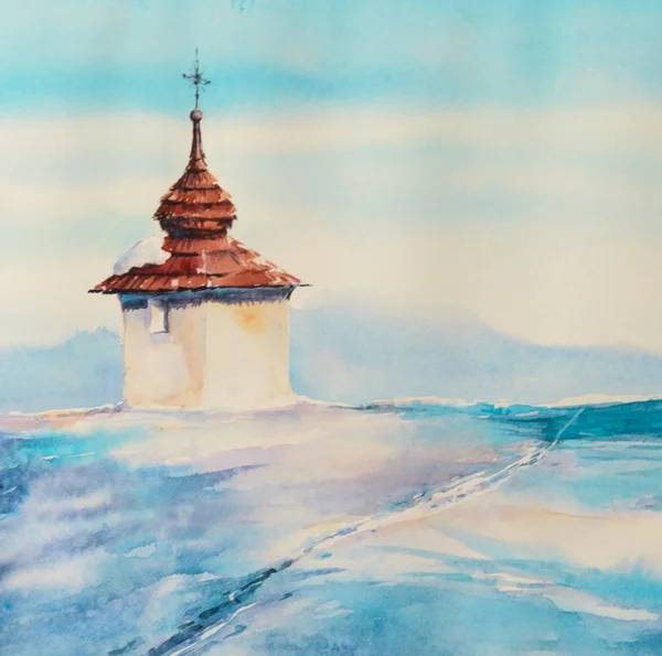Невелика Каплиця Сонячний Зимовий День Картина Створена Акварелями — стокове фото