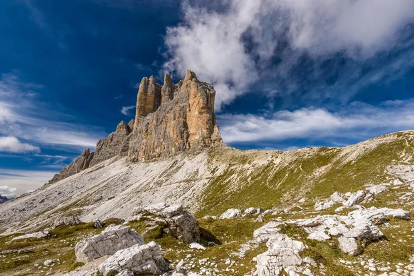 Tre Cime Three Peaks Lavaredo Drei Zinnen Son Tres Los — Foto de Stock