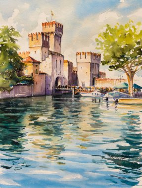 Sirmione, Kuzey İtalya. Garda Gölü 'ndeki ortaçağ kalesi Saliger. Resim suluboya ile yaratıldı..