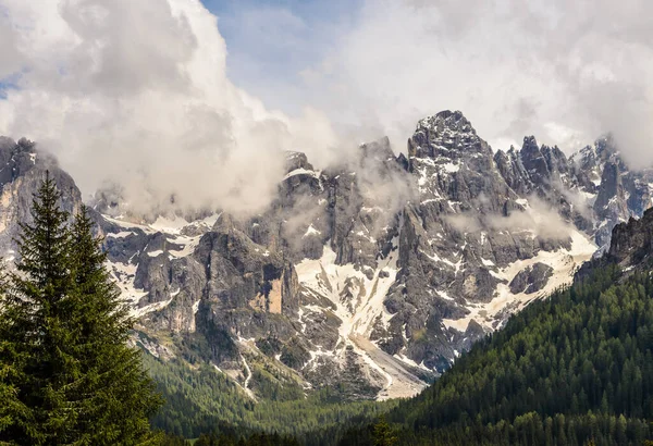 山岭自然景观 春天在阿尔卑斯山 落基峰被雪覆盖 绿林在前景中 — 图库照片