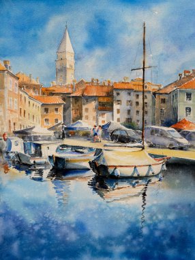 Piran, Slovenya ve Adriyatik Denizi 'nin güzel manzarası. Resim suluboya ile oluşturuldu.