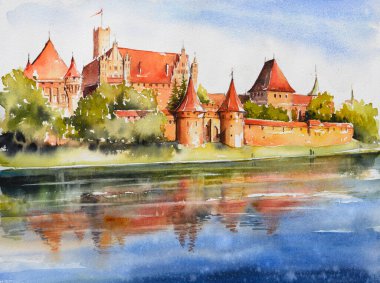 Polonya, Pomerania, Malbork 'taki Nogat nehri ve Tötonik Düzen Kalesi. Resim suluboya ile oluşturuldu.