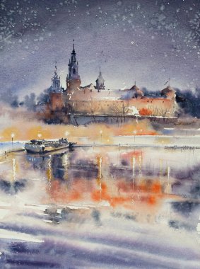 Polonya, Krakow 'daki Vistula nehri üzerindeki Wawel kalesi. Resim suluboya ile oluşturuldu.