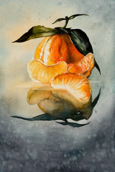 Mandarino Arancio Fresco Sbucciato Con Foglie Verdi Isolate Vetro Nero — Foto Stock