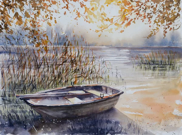 森林保護区の海岸に漁船 水彩で描いた絵 — ストック写真