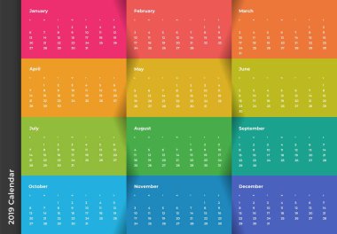 Renkli yıl 2019 takvim vektör şablonu. Vektör eps 10.