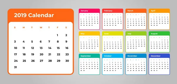 Colorful year 2019 calendar vector template. Vector eps 10. — Stock Vector