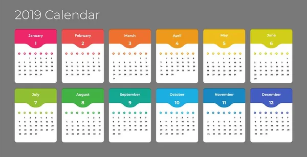 Ano colorido 2019 modelo de vetor calendário. Vetor eps 10 . — Vetor de Stock
