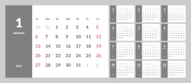 Vektör 2019 yeni yıl takvim temiz en az tablo basit tarzı.