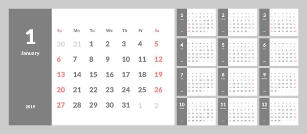 Vetor de 2019 calendário de ano novo em tabela mínima limpa estilo simples . — Vetor de Stock