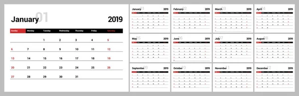 Neujahrskalender 2019 in sauberem, minimalistischem Stil. — Stockvektor