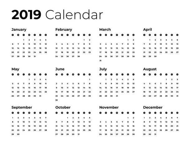2019 calendário de ano novo em tabela mínima limpa estilo simples . — Vetor de Stock