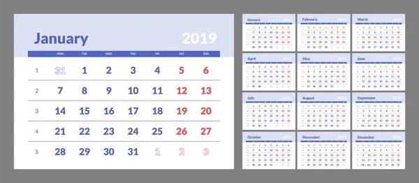 O calendário para o ano novo 2019 imprimível — Vetor de Stock