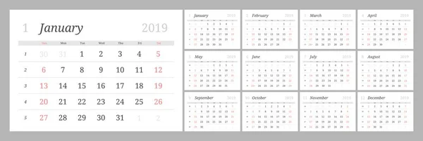 O calendário para o ano novo 2019 imprimível — Vetor de Stock