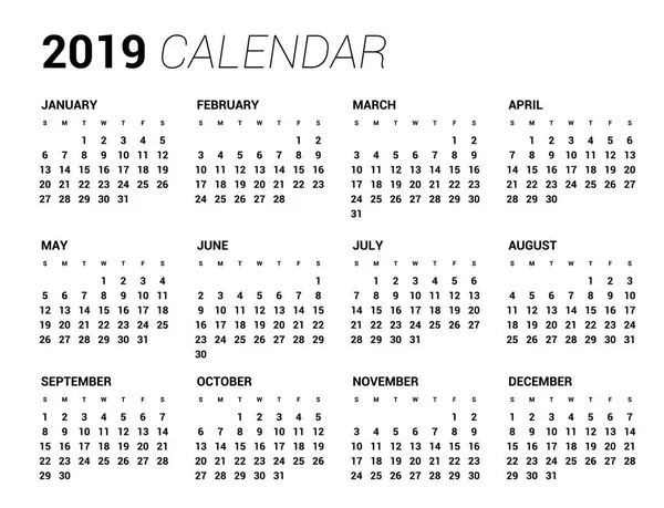 2019 ano calendário em tabela mínima limpa estilo simples . — Vetor de Stock