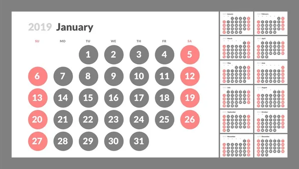 De kalender voor de afdrukbare 2019-Nieuwjaar — Stockvector