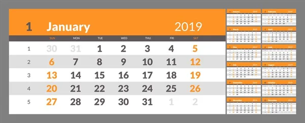 O calendário para o ano novo 2019 imprimível — Vetor de Stock