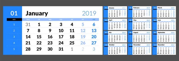 O calendário para o ano novo 2019 imprimível — Vetor de Stock