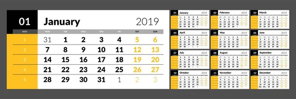 O calendário para o ano novo 2019 imprimível — Vetor de Stock