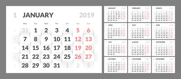 O calendário para o ano novo 2019 imprimível. Papel 3d — Vetor de Stock