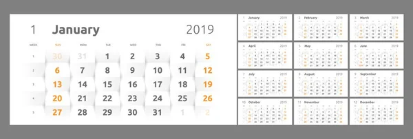 O calendário para o ano novo 2019 imprimível. Papel 3d — Vetor de Stock