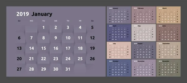 Le calendrier de la nouvelle année 2019 imprimable. Papier 3d — Image vectorielle