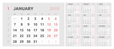 2019 için Takvim tasarım. Hafta Pazartesi günü başlar.