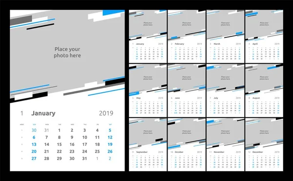 Projeto do calendário para 2019. Conjunto de 12 páginas de calendário modelo de impressão de design vetorial com lugar para foto . — Vetor de Stock