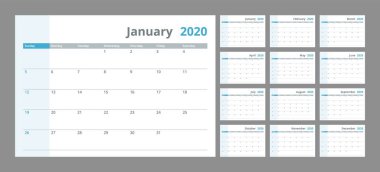 Takvim temiz minimal tablo basit stil 2020 yeni yıl için.