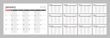 Takvim temiz minimal tablo basit stil 2020 yeni yıl için.