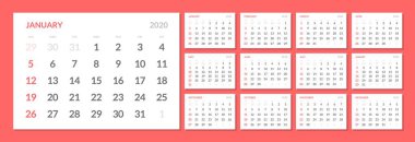 Takvim temiz minimal tablo basit stil 2020 yeni yıl için.