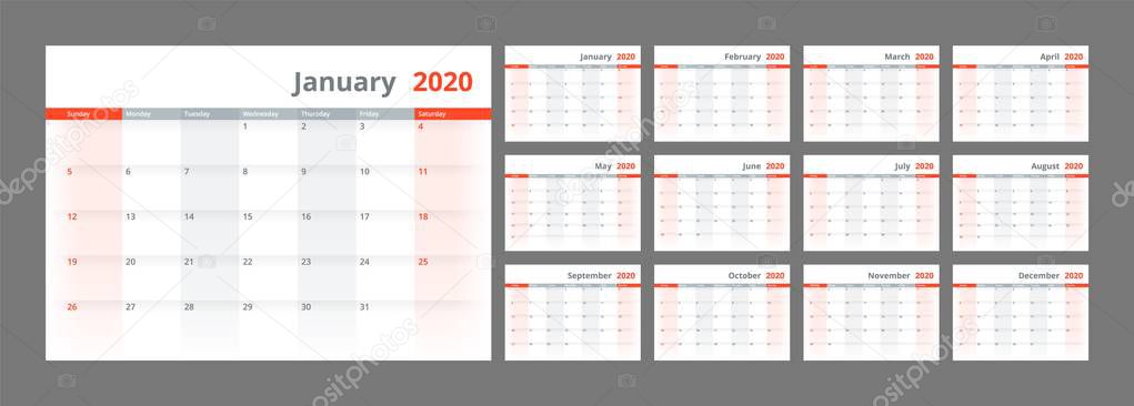 Calendar for 2020 new year in clean minimal table simple style.
