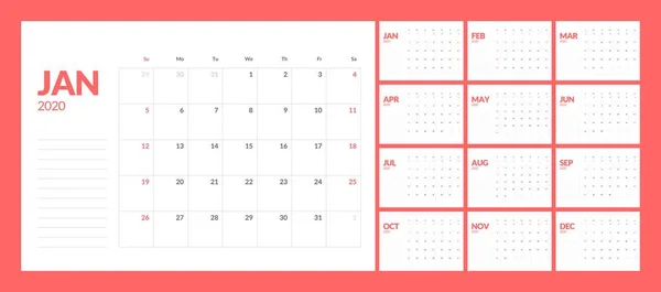 Calendario para 2020 año nuevo en la tabla mínima limpia estilo simple . — Vector de stock
