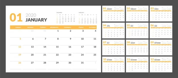 Kalendarz dla 2020 nowy rok w czystym minimalistycznym stole prosty styl. — Wektor stockowy