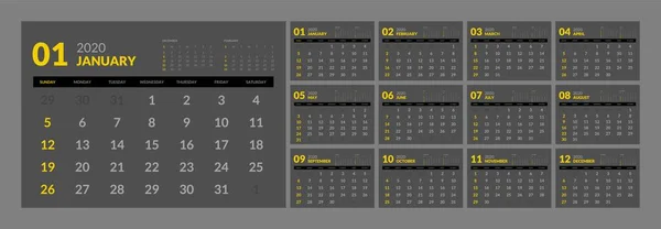 Calendar for 2020 new year in clean minimal table simple style. — Stock Vector