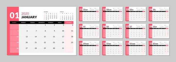 Calendário para 2020 ano novo em estilo simples tabela mínima limpa . — Vetor de Stock