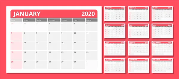 Ημερολόγιο για 2020 νέο έτος σε καθαρό ελάχιστο πίνακα απλό στυλ. — Διανυσματικό Αρχείο