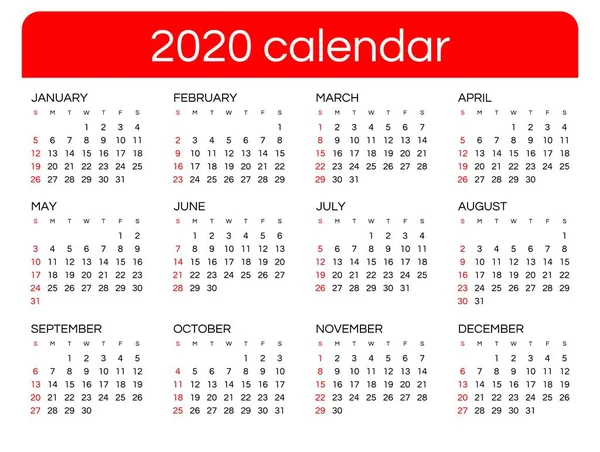 Kalender für das neue Jahr 2020 in sauberer Minimal-Tabelle einfachen Stil. — Stockvektor