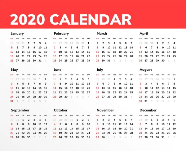 Kalender für das neue Jahr 2020 in sauberer Minimal-Tabelle einfachen Stil. — Stockvektor