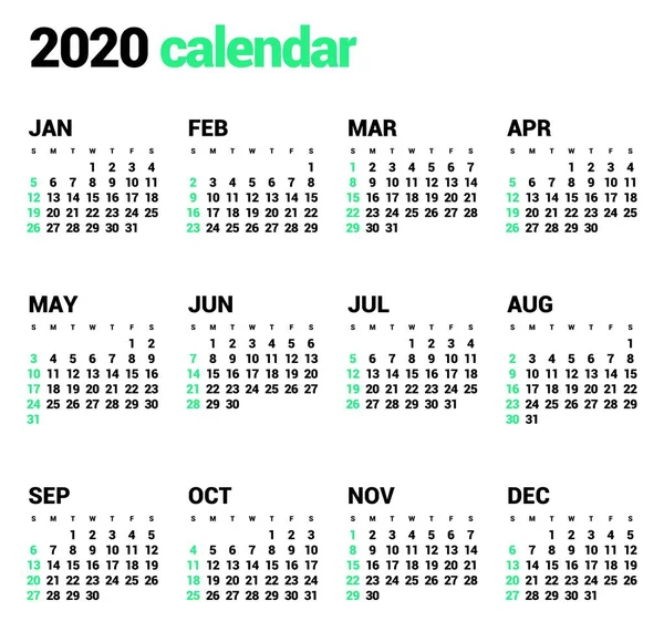 Kalender für das neue Jahr 2020 in sauberer Minimal-Tabelle einfachen Stil. — Stockvektor