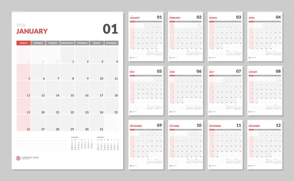 Kalender für das neue Jahr 2020 in sauberer Minimal-Tabelle einfachen Stil. — Stockvektor