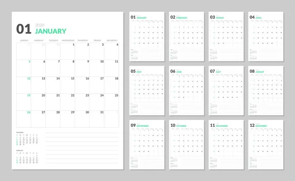 Calendario para 2020 año nuevo en la tabla mínima limpia estilo simple . — Vector de stock