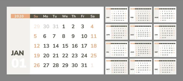 Kalender für das neue Jahr 2020 in sauberer Minimal-Tabelle einfachen Stil. — Stockvektor