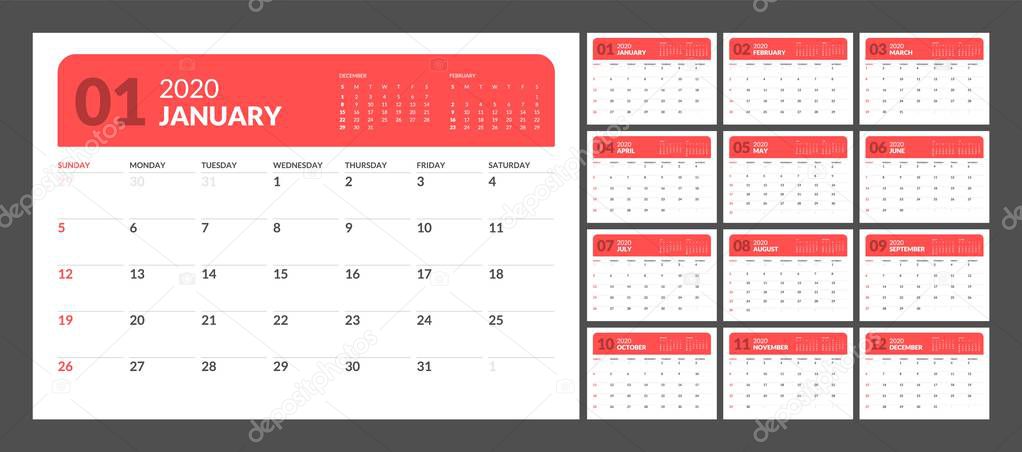 Calendar for 2020 new year in clean minimal table simple style.