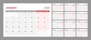 Takvim temiz minimal tablo basit stil 2020 yeni yıl için.