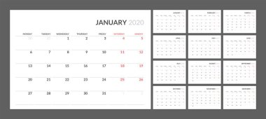 Takvim temiz minimal tablo basit stil 2020 yeni yıl için.