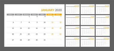 Takvim temiz minimal tablo basit stil 2020 yeni yıl için.