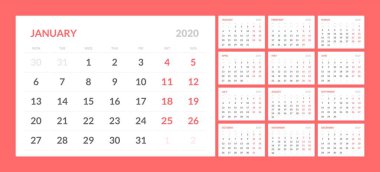 Takvim temiz minimal tablo basit stil 2020 yeni yıl için.