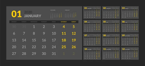 Kalender für das neue Jahr 2020 in sauberer Minimal-Tabelle einfachen Stil. — Stockvektor