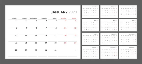 Takvim temiz minimal tablo basit stil 2020 yeni yıl için. — Stok Vektör